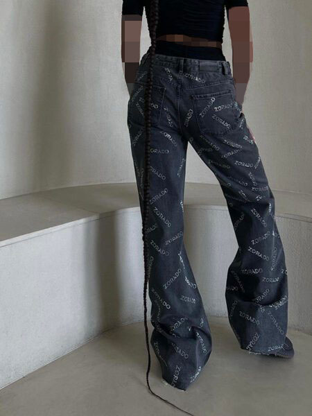 ALL OVER CRYSTAL LOGO DENIM TROUSERS