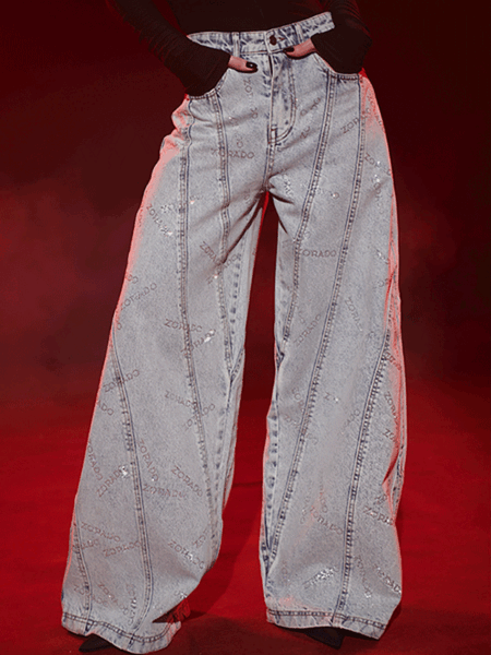 LIMITED ALL OVER CRYSTAL LOGO BAGGY DENIM TROUSERS